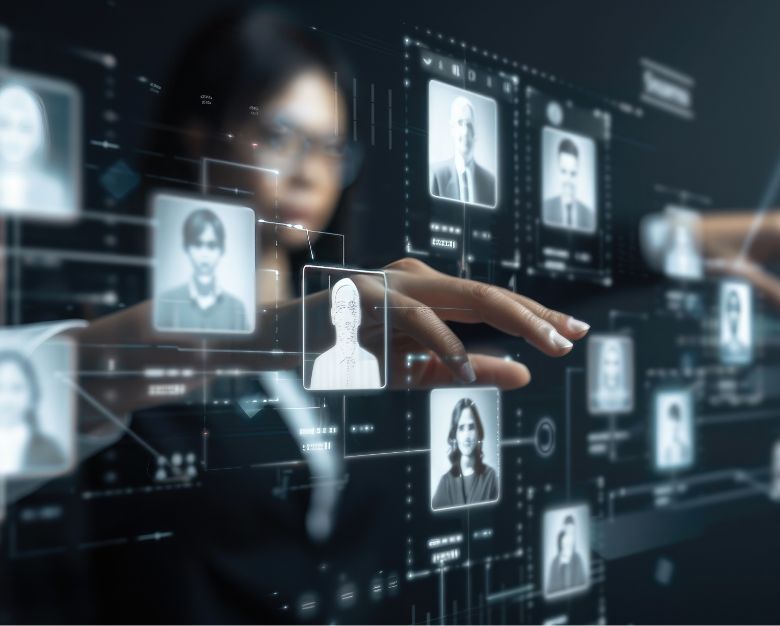 Businesswoman interacting with a virtual interface displaying diverse people, symbolizing high engagement potential.