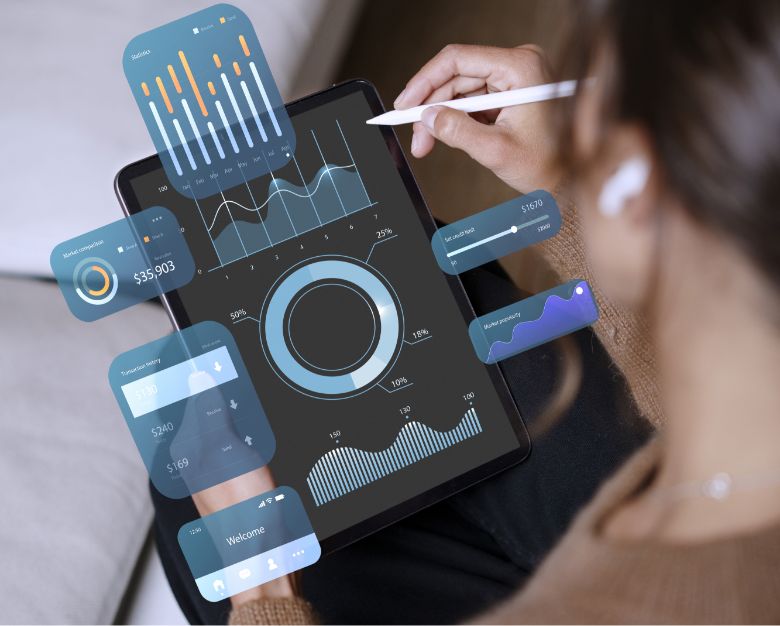 A woman analyzes a graph titled "Membership Renewal Patterns" on her tablet.